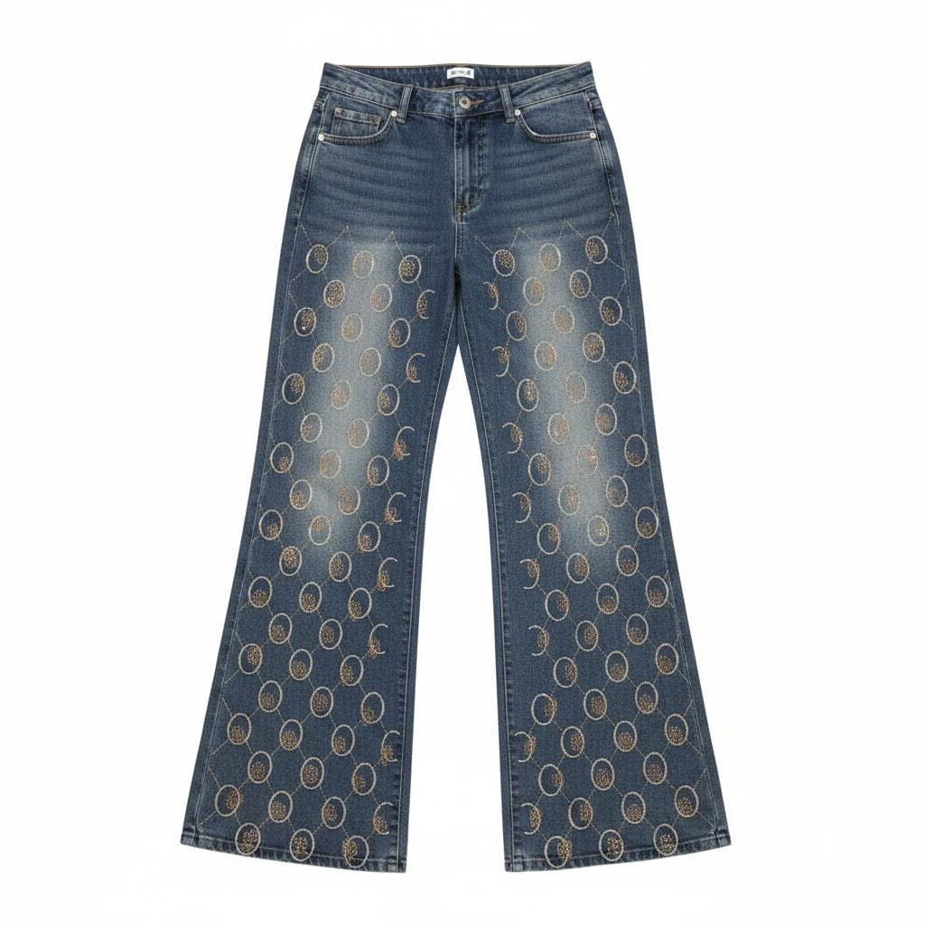 Women's blue rhinestone oval monogram wide-leg flare jeans — ghost mannequin front view