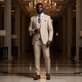 Nigerian male model wearing the Ivory Sovereign three-piece beige suit