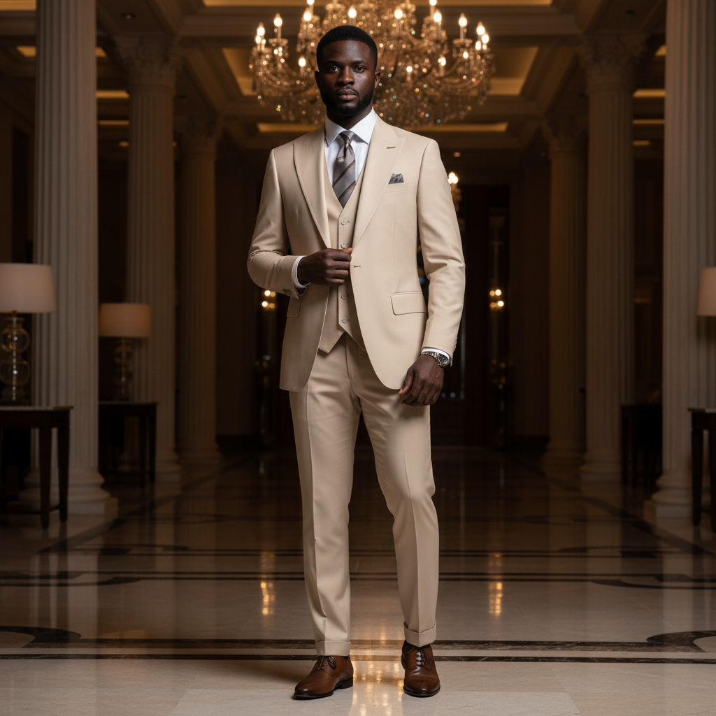 Nigerian male model wearing the Ivory Sovereign three-piece beige suit