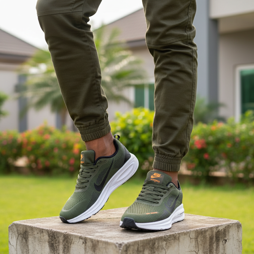 Men's olive green running sneakers leg-focus lifestyle shot Nigerian male model