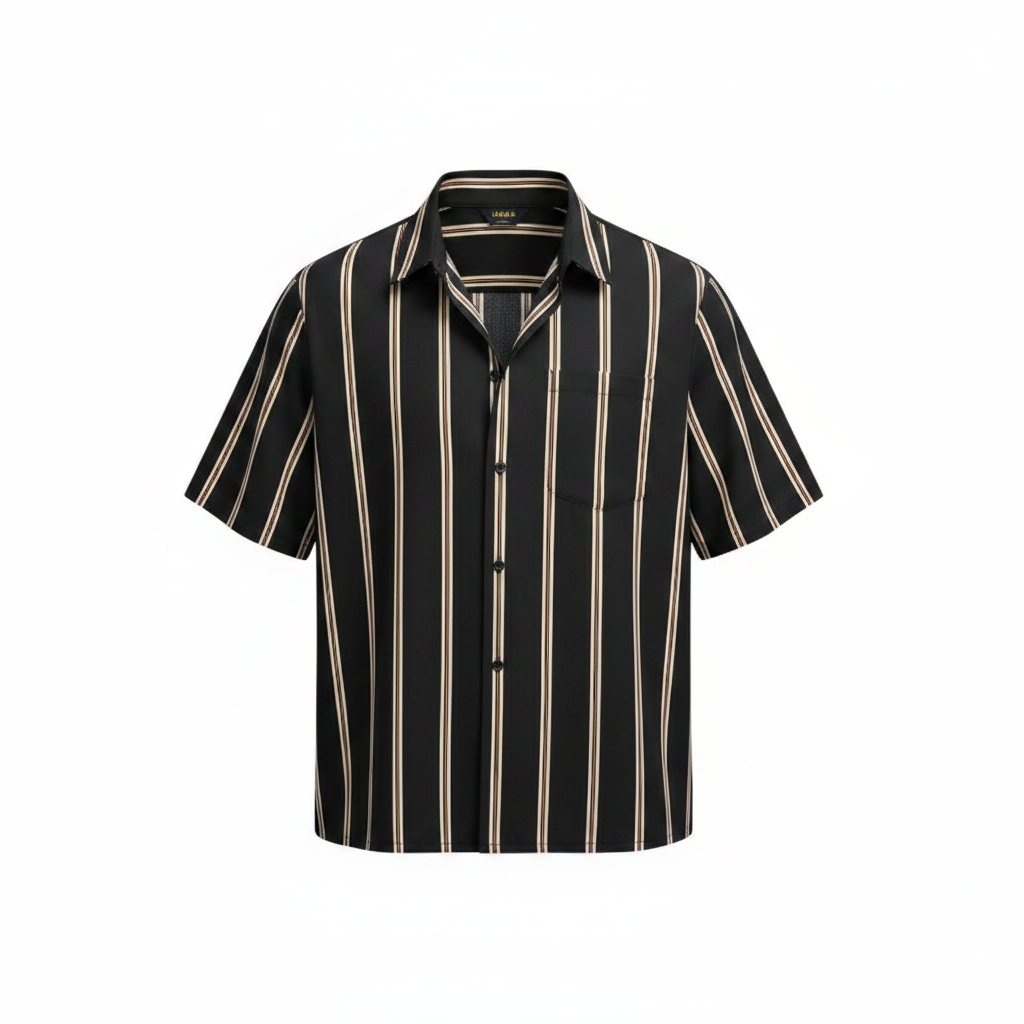 Men's Black Striped Short Sleeve Shirt - Ghost Mannequin Front View