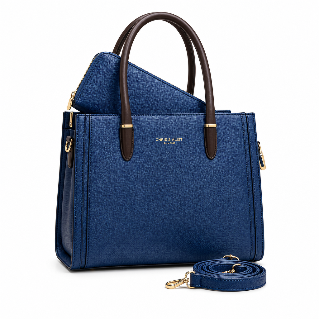 Blue textured tote with brown handles matching wallet and detachable strap