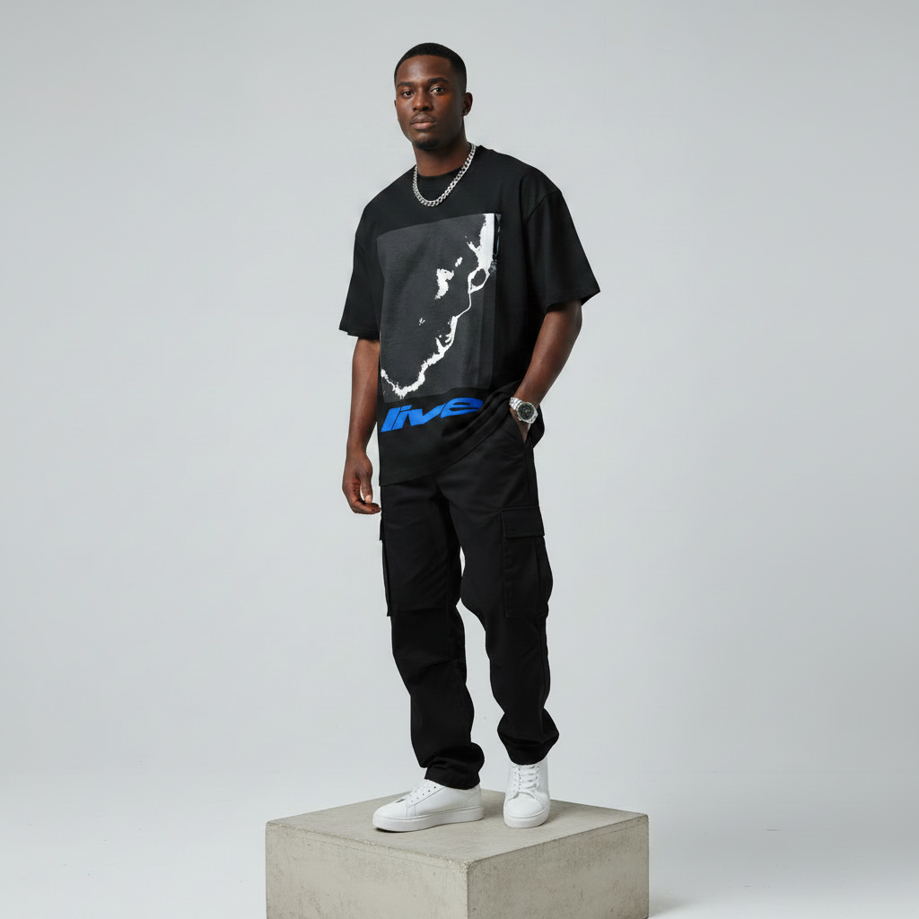 Black Five Graphic Oversized Tee - Male Model Front
