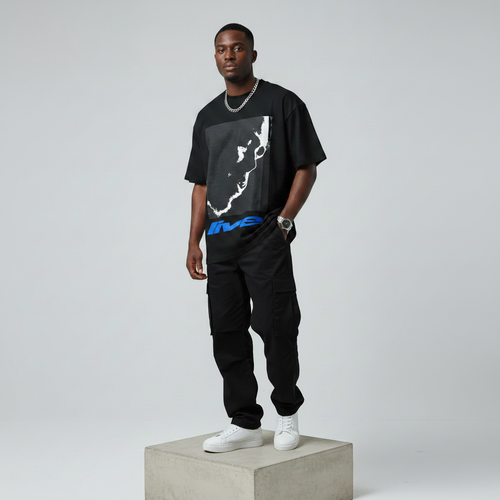 Black Five Graphic Oversized Tee - Male Model Front
