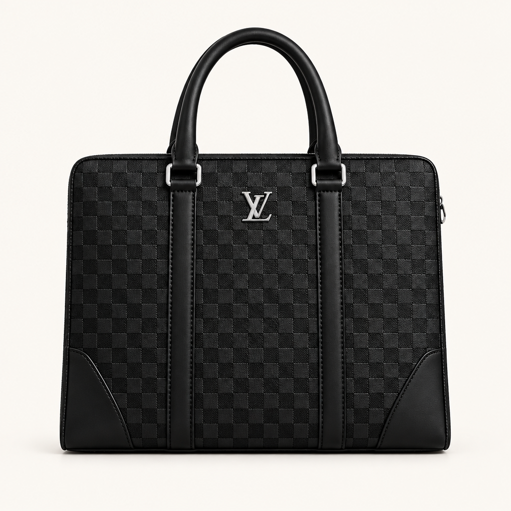 Black checkerboard structured top-handle bag, front view