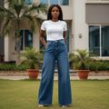 Women's blue denim hi-rise wide-leg jeans — Nigerian female model shot