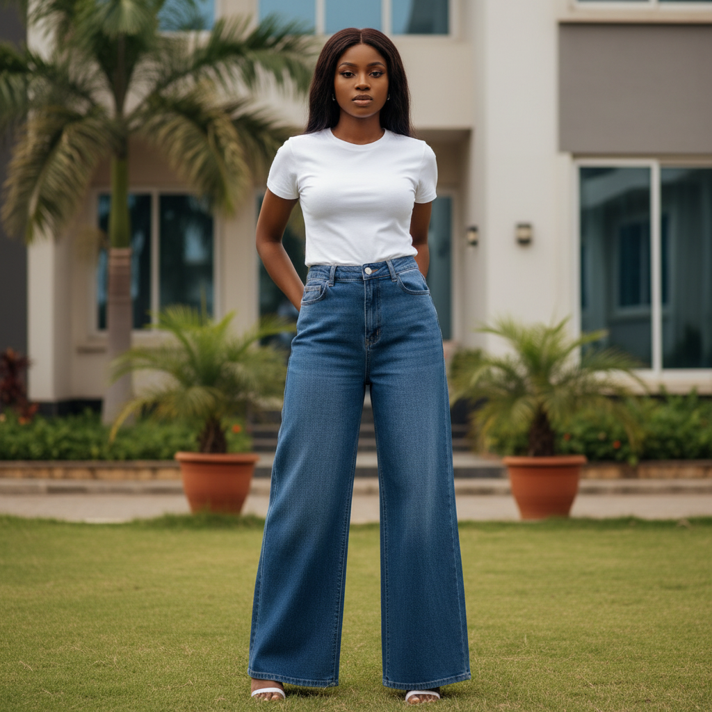 Women's blue denim hi-rise wide-leg jeans — Nigerian female model shot