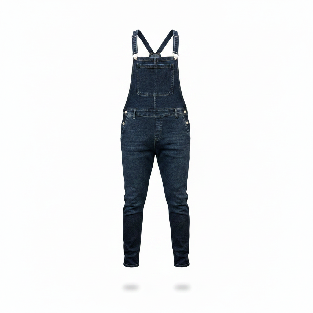Dark indigo denim bib overalls shown in worn shape on a white background