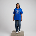 Nigerian female model front view wearing royal blue rhinestone collegiate horse rider tee