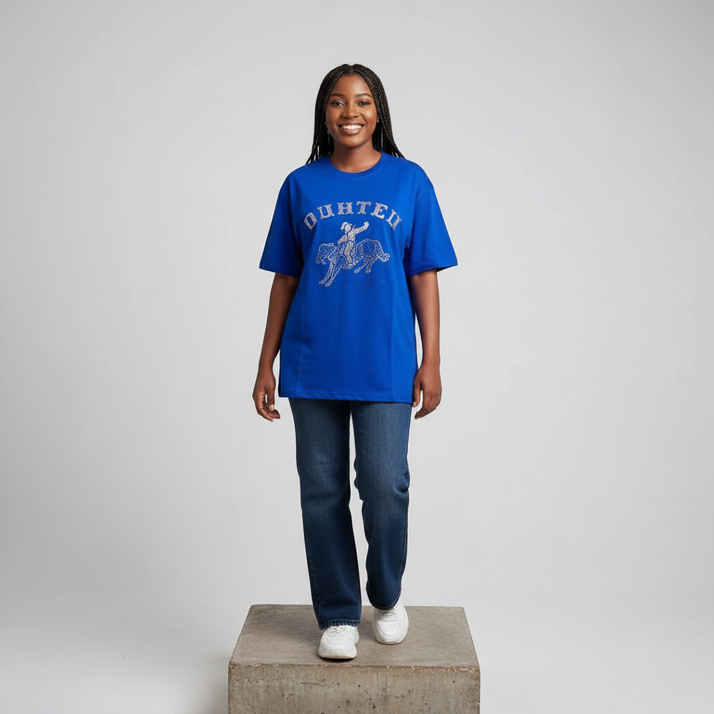 Nigerian female model front view wearing royal blue rhinestone collegiate horse rider tee