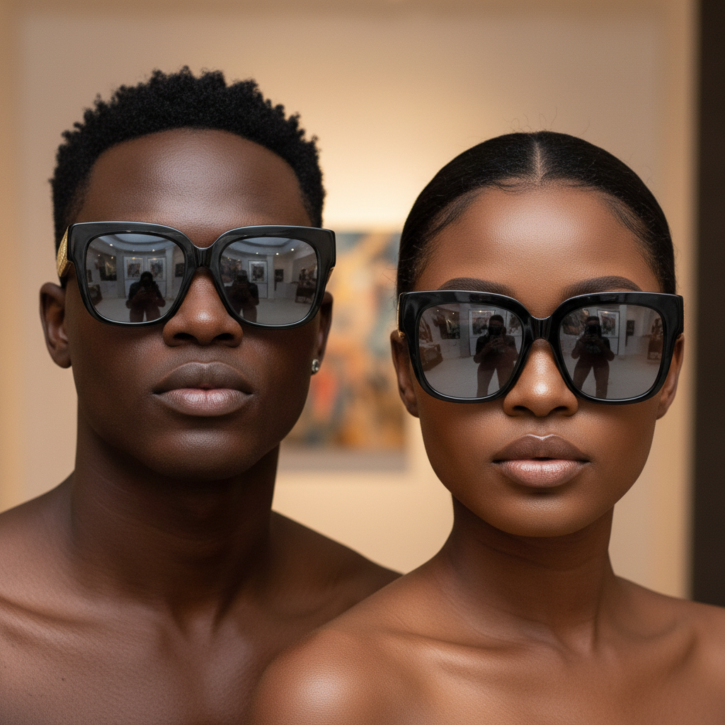 Nigerian male and female models wearing oversized square cat-eye sunglasses glossy black frame gold diamond mesh panel light grey mirror lens