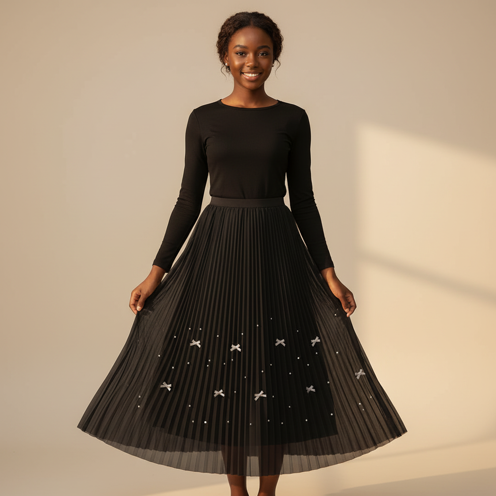 Nigerian girl wearing black bow pleated midi skirt - front view