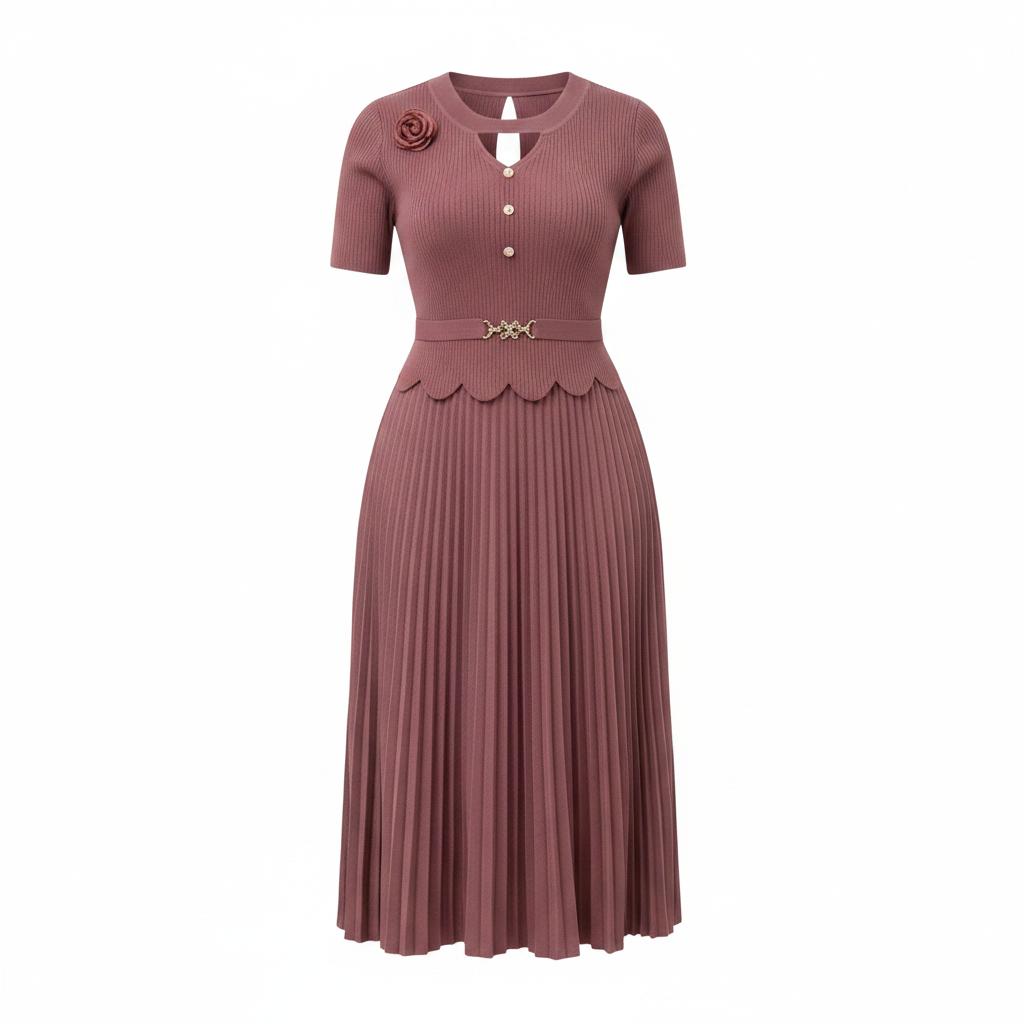 Women's Dusty Mauve Pleated Midi Dress — ghost mannequin front view