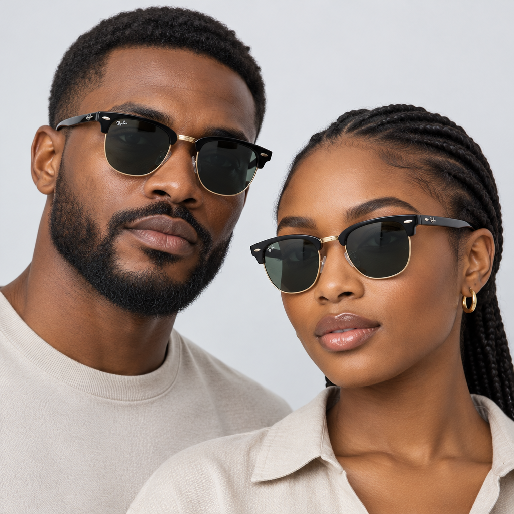 Man and woman wearing black browline sunglasses with gold-tone trim