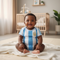 Nigerian baby wearing sky blue & white stripe football romper bodysuit lifestyle shot