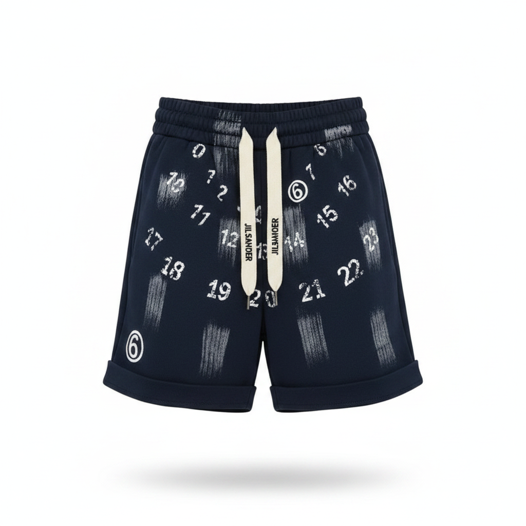 Ghost mannequin front view of navy blue fleece drawstring shorts with white scattered number digit print and brushstroke overlay