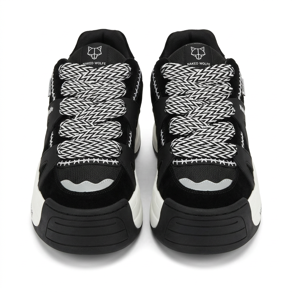 Front view of black chunky sneakers with black-and-white patterned laces