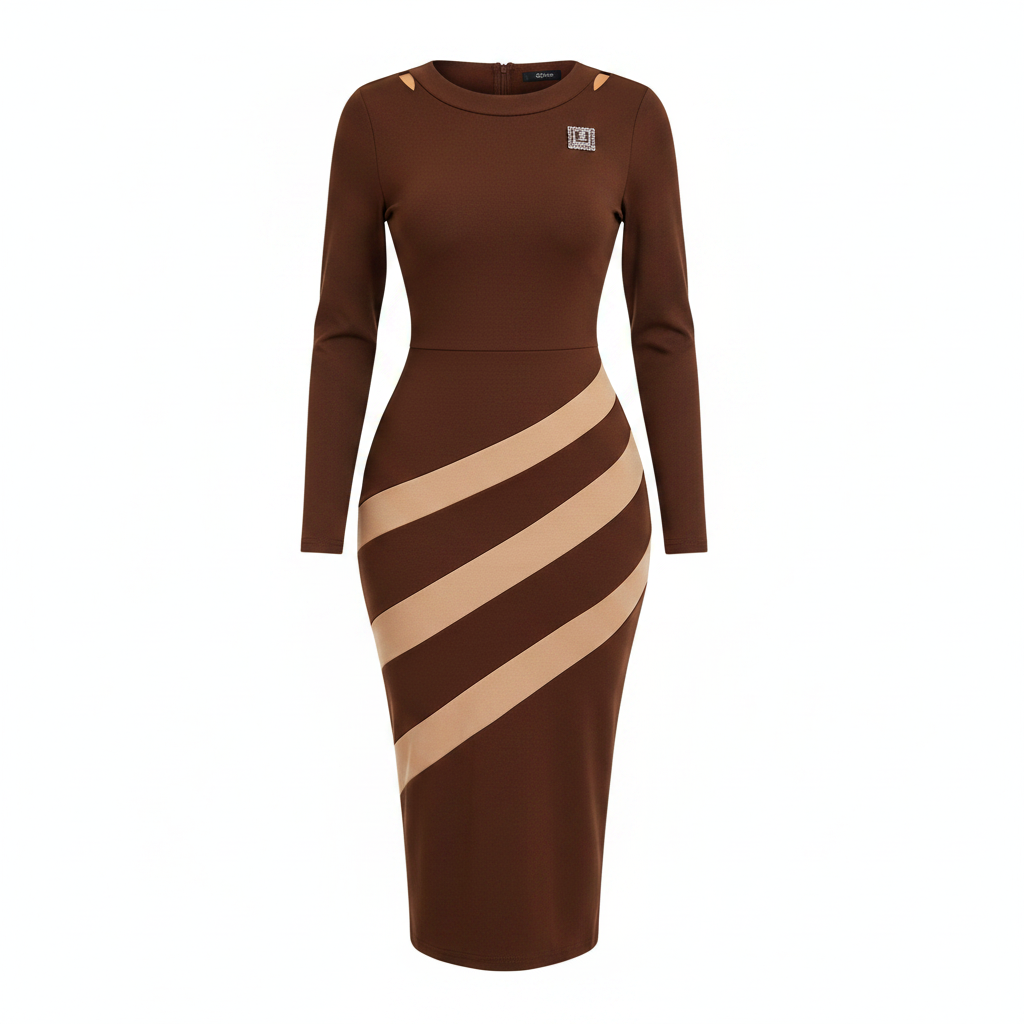 Ghost mannequin view of Women's Brown Diagonal Stripe Bodycon Midi Dress