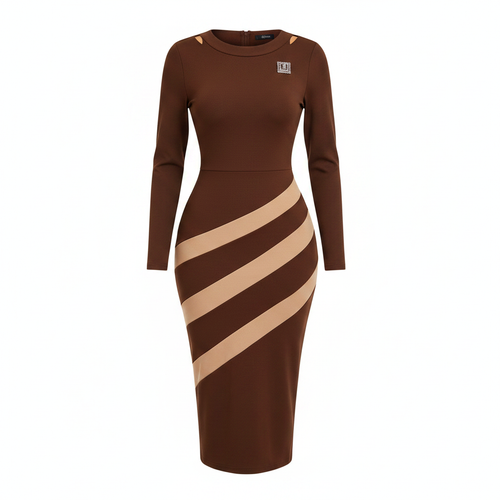 Ghost mannequin view of Women's Brown Diagonal Stripe Bodycon Midi Dress