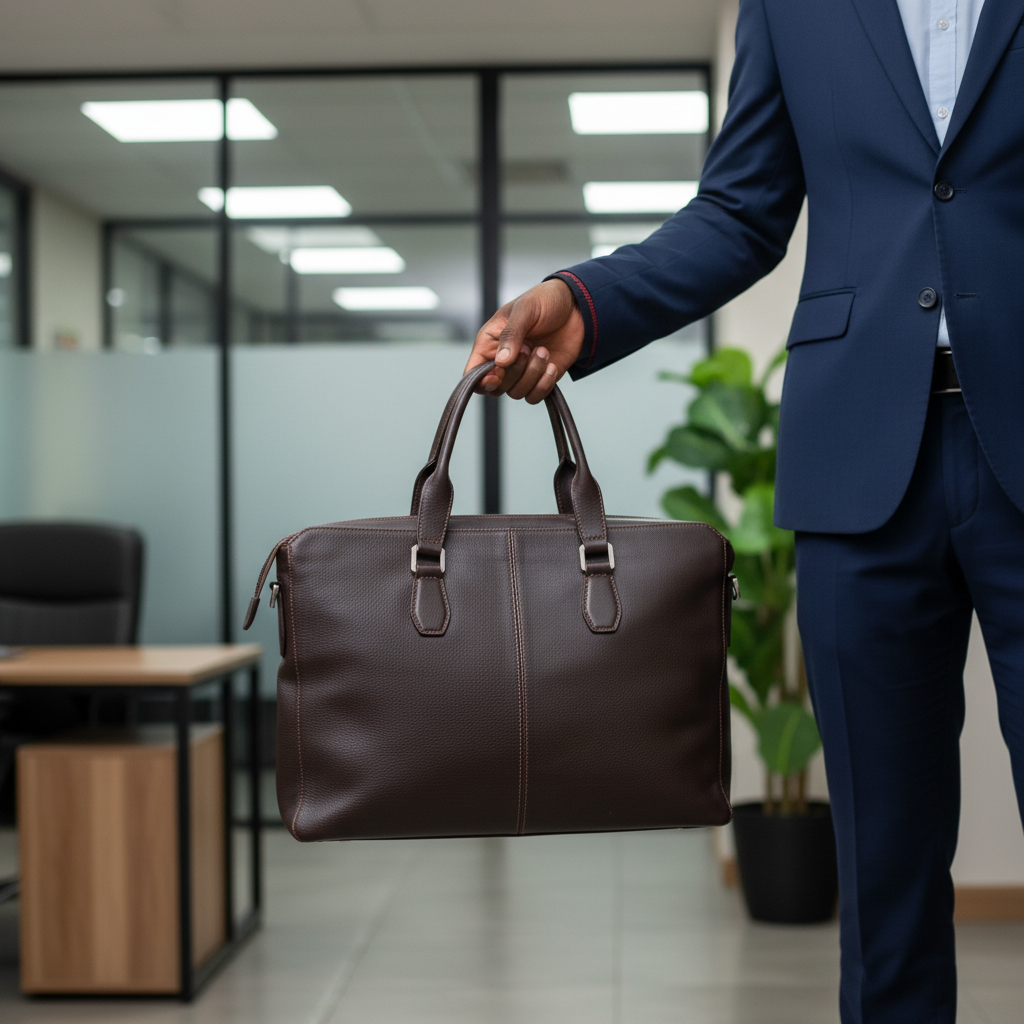 Male model holding leather office bag