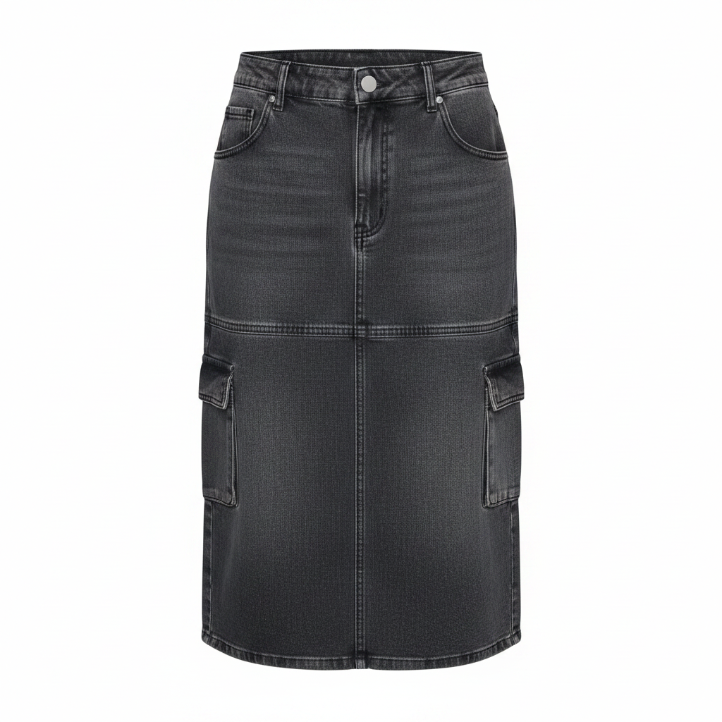 Dark Grey Washed Cargo Denim Midi Skirt - Ghost Mannequin Front