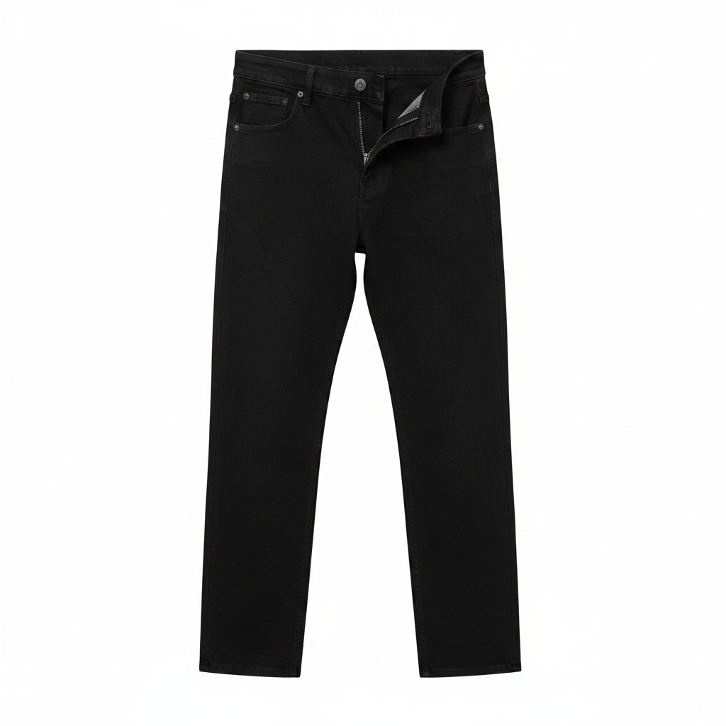 Men's black slim straight denim jeans ghost mannequin front view