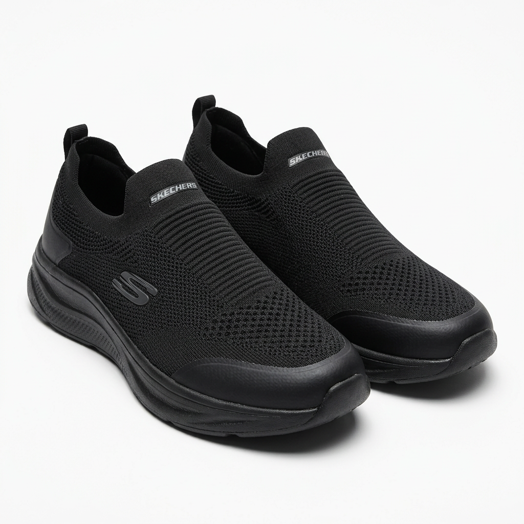 Pair of black ribbed-instep knit slip-on sneakers on white