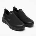 Pair of black ribbed-instep knit slip-on sneakers on white