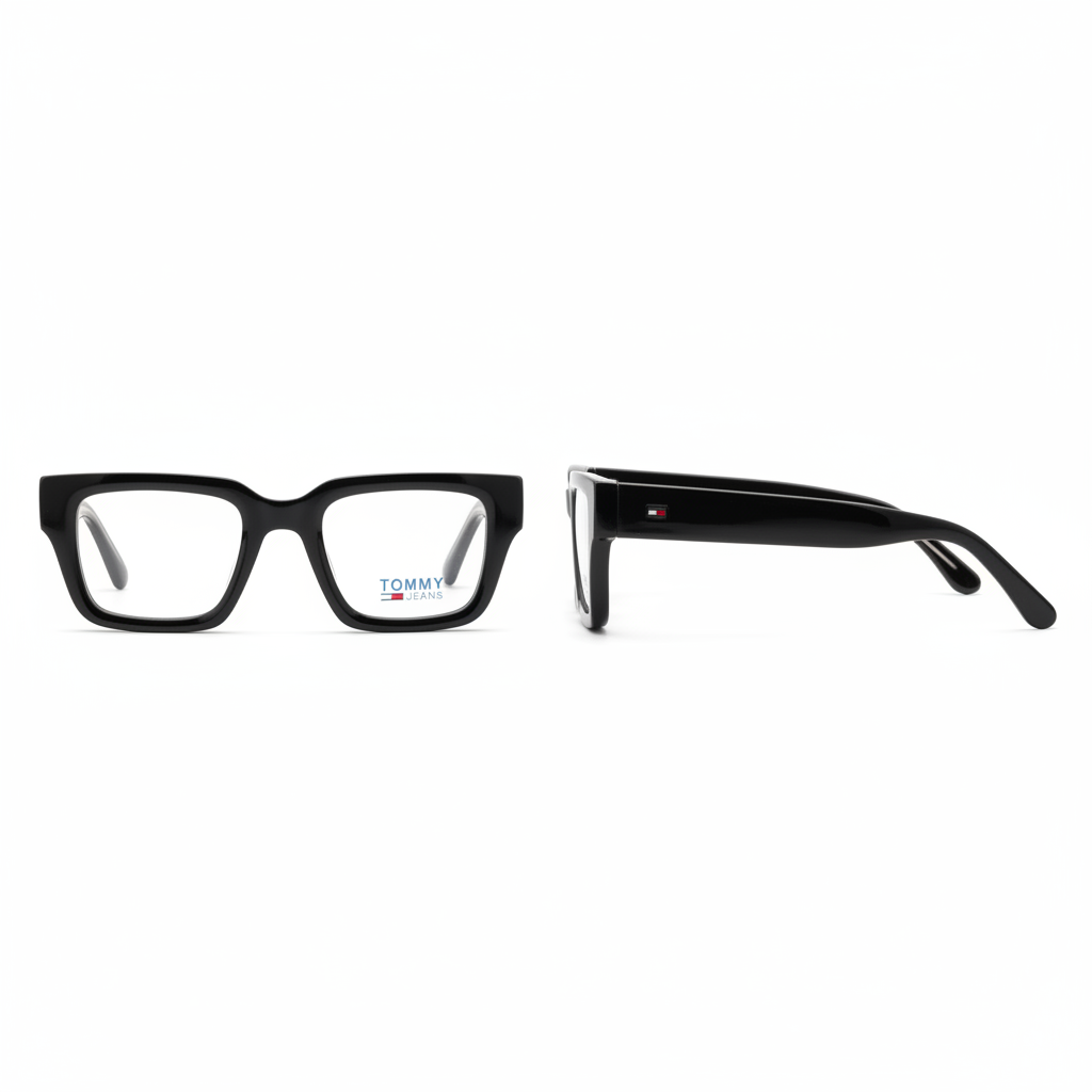 Unisex solid black bold square frame optical eyeglasses – front and side view on white background