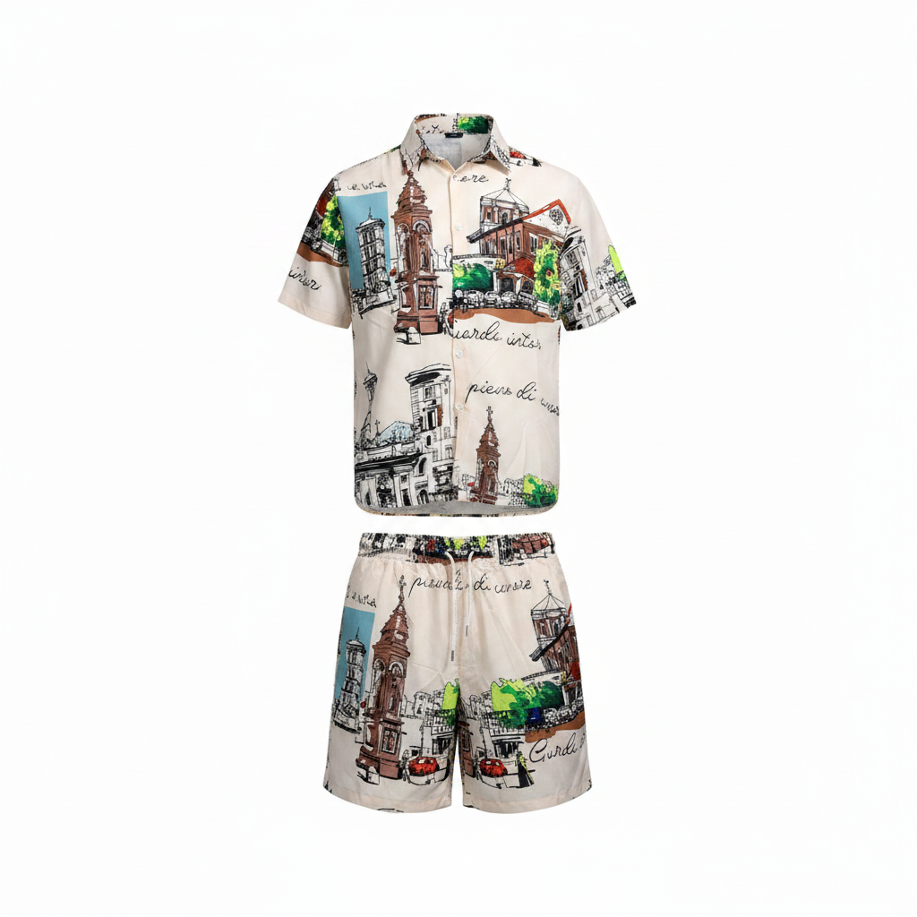Men's Italian cityscape print beach co-ord set shirt and shorts ghost mannequin view