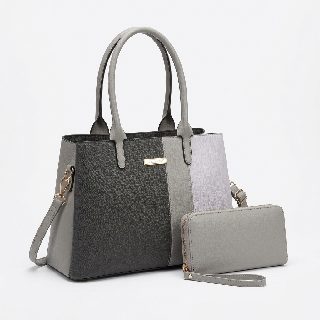 Grey colour-block tote and matching zip wristlet on white