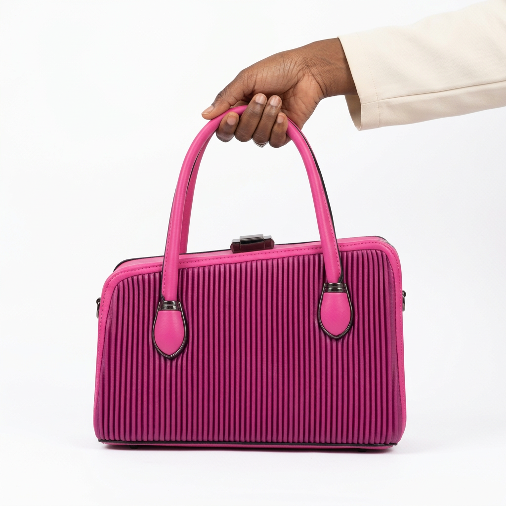 Black adult woman’s hand holding a fuchsia ribbed handbag on white