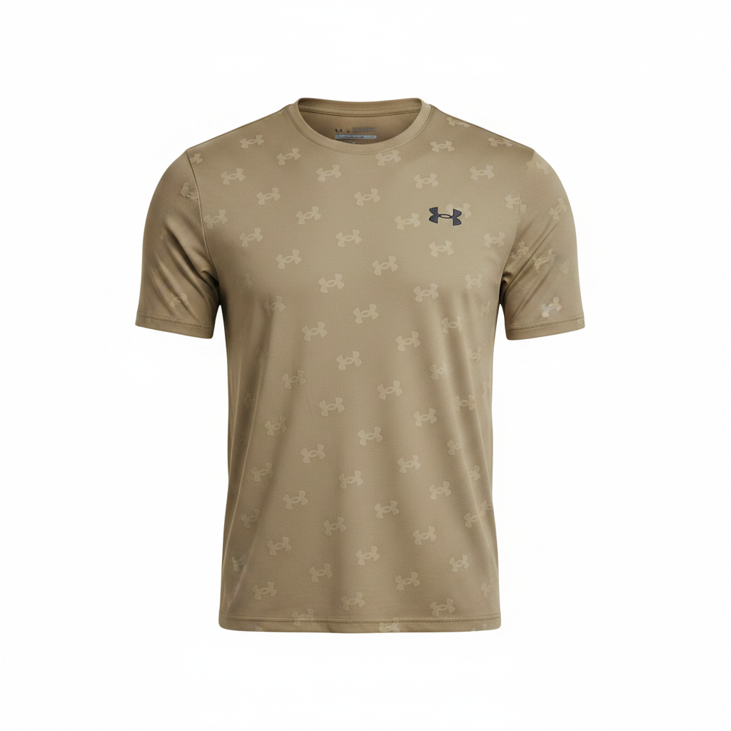 Men's Khaki Monogram Pattern Sports Crew-Neck Performance T-Shirt – Ghost Mannequin View