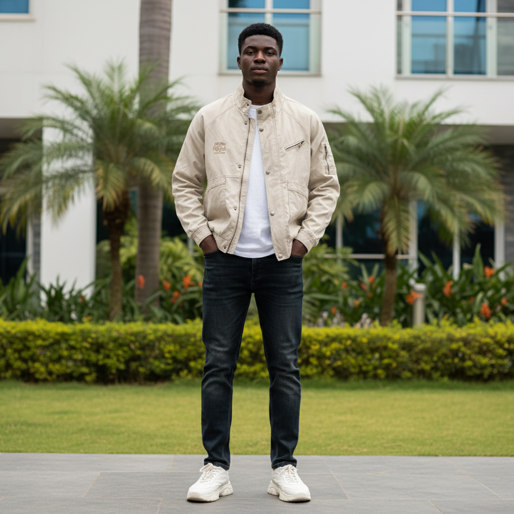 Nigerian male model wearing cream vintage embroidered bomber utility jacket