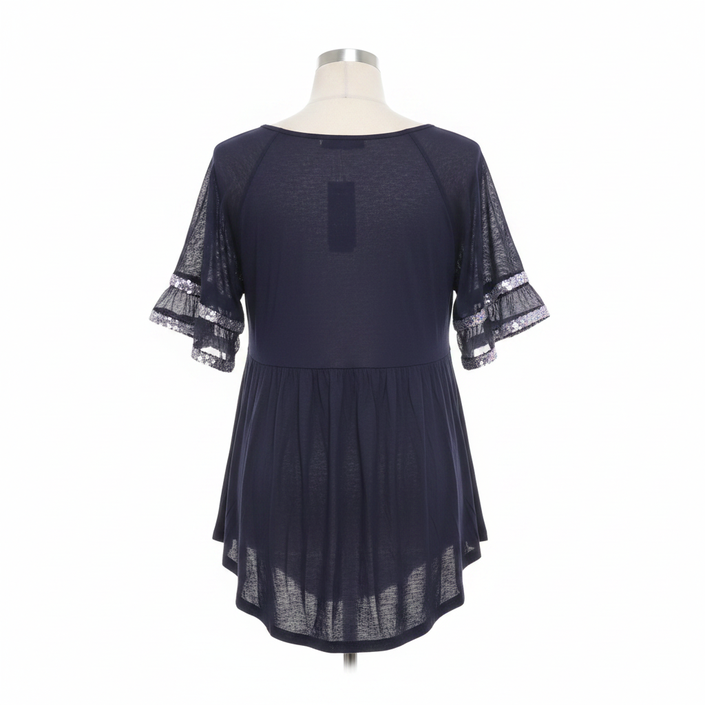 Ghost mannequin back view of Navy Blue Sequin Trim Babydoll Top