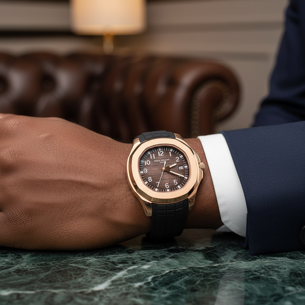 Nigerian man wrist shot wearing rose gold brown dial rubber strap luxury watch
