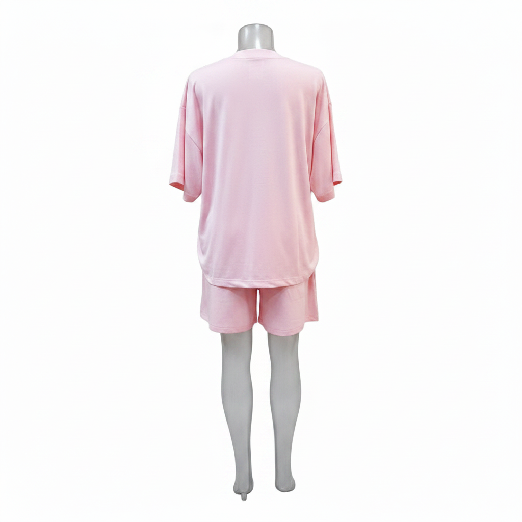Ghost mannequin back view - pink hat patch rhinestone top and shorts set