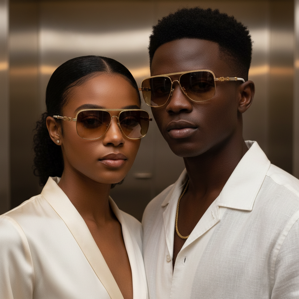 Square Brow Bar Aviator Sunglasses Gold White – Unisex Model Shot Together