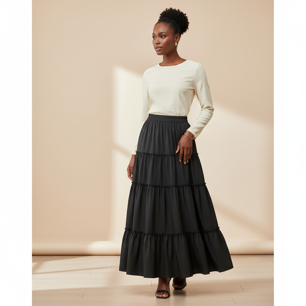 Nigerian model wearing black tiered ruffle maxi skirt