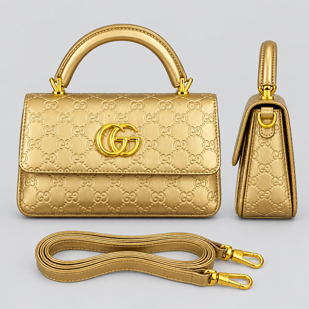 Gold embossed handbag front and side views with matching strap
