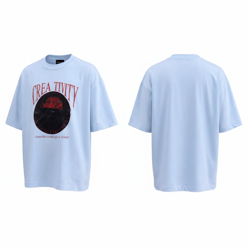 Men's Light Blue Oversized Creativity Graphic Tee – Ghost Mannequin Front and Back View