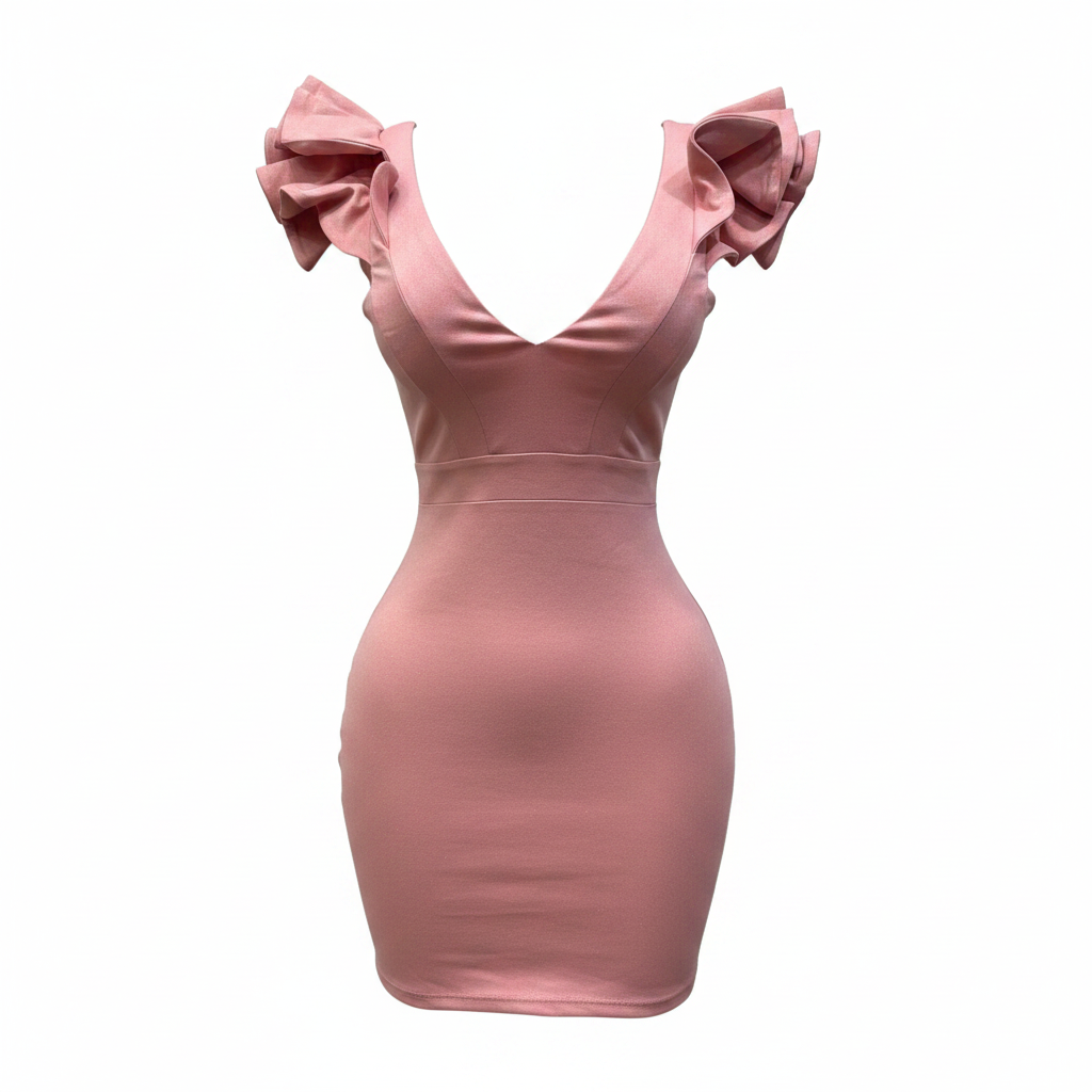 Ghost mannequin dusty pink ruffle puff sleeve bodycon mini dress