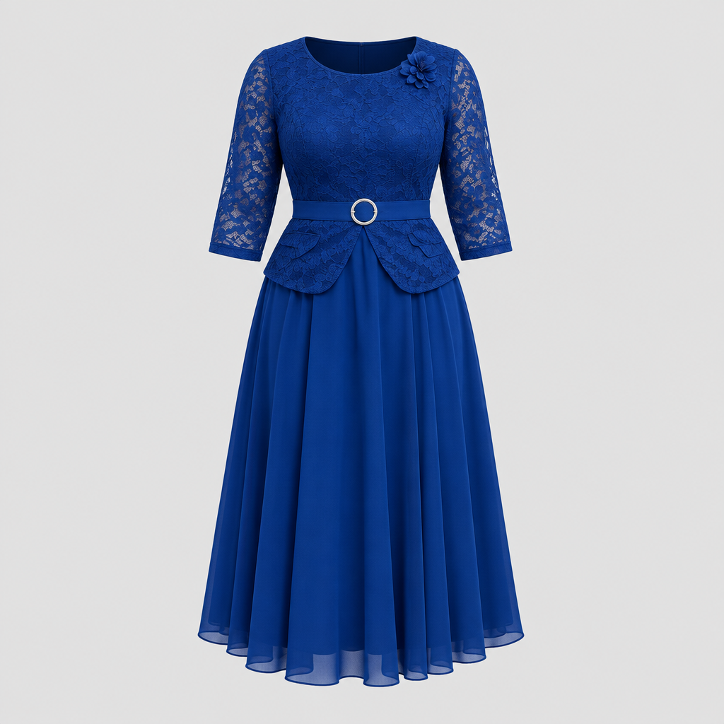 Royal blue lace peplum top and pleated midi skirt outfit