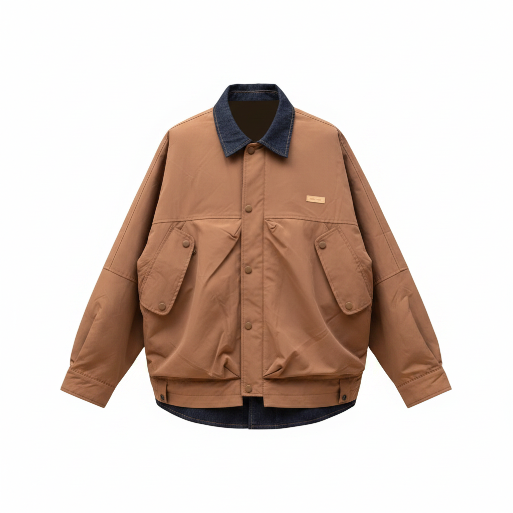 Caramel brown denim collar utility field jacket ghost mannequin — front view, cargo pockets, denim hem