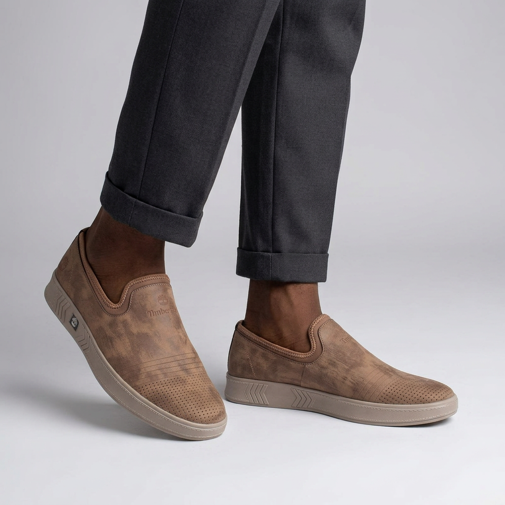 Both feet of Nigerian man wearing taupe perforated-toe slip-on shoes