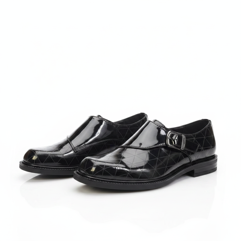 Men's black quilted diamond patent leather monk-strap dress shoes pair product shot