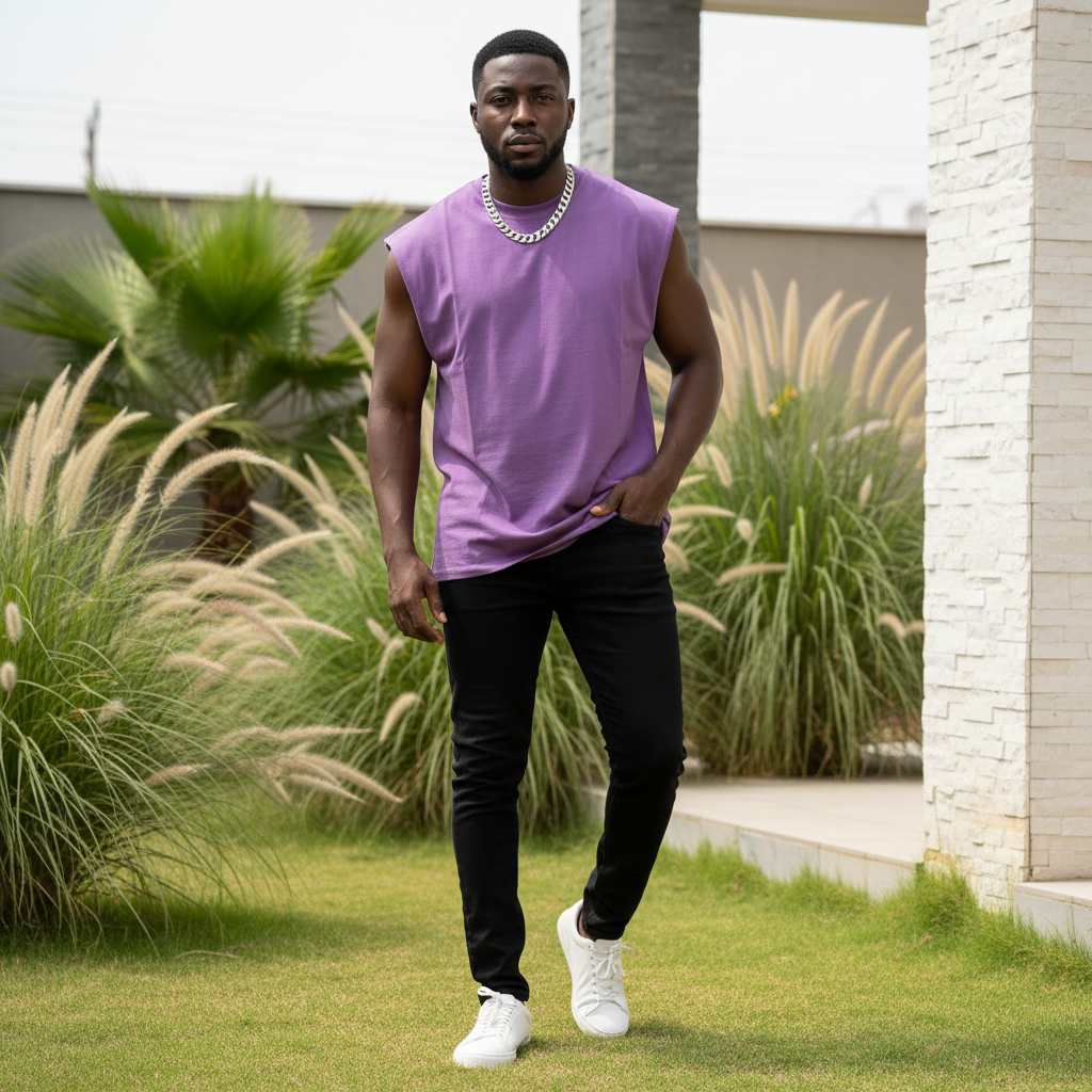 Nigerian male model wearing purple sleeveless vest in outdoor setting