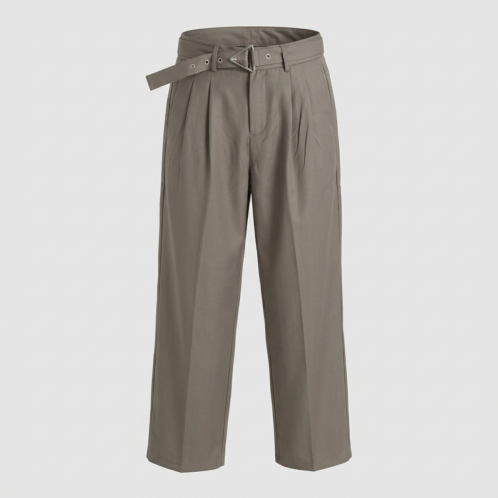 Taupe belted pleated wide-leg trousers, ghost mannequin front view