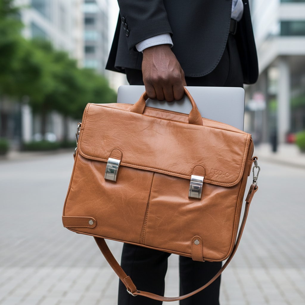 Tan leather laptop bag held by Black Nigerian professional with laptop