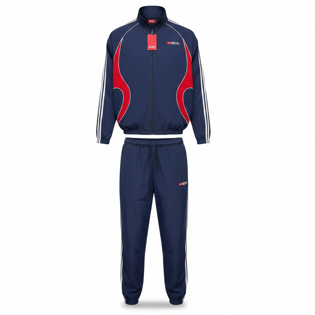 Ghost mannequin view of the navy and red two-piece tracksuit